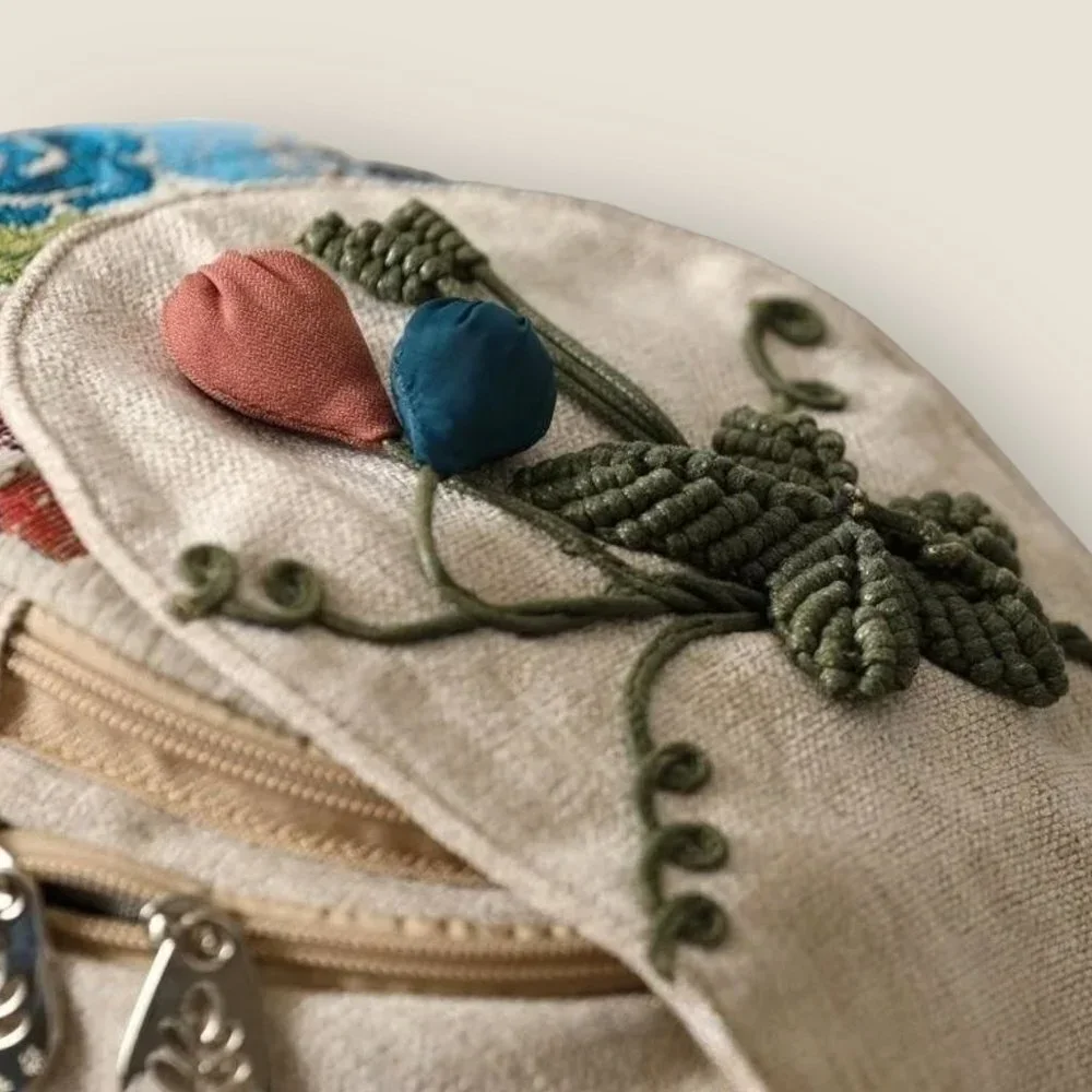 Like New Floral Embroidered Linen Mini Backpack in Natural